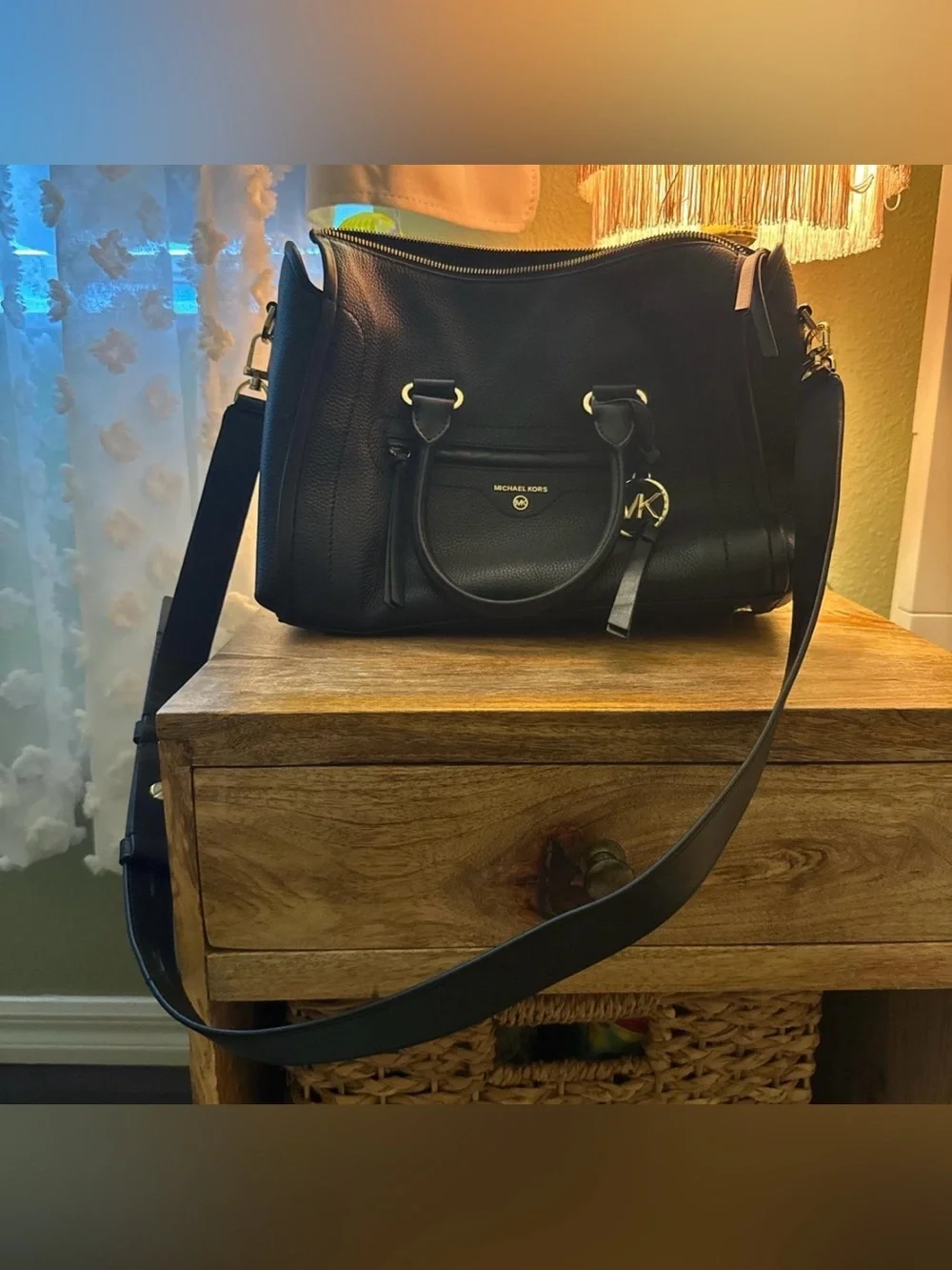 Michael Kors Carine Medium Pebbled Leather Satchel Black Crossbody Bag